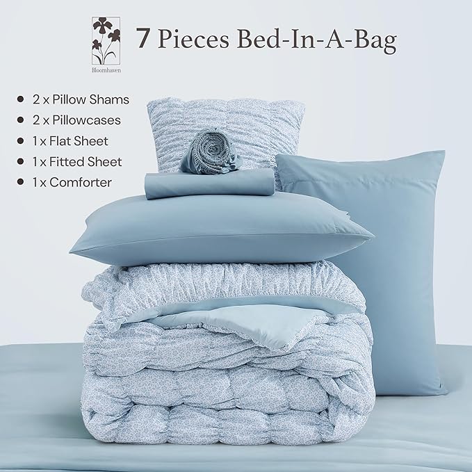 King Comforter Set - 7 Pieces Blue Classic Puff Floral Bedding Sets for All Seasons, Shabby Chic Farmhouse Bed in a Bag King with Wildflowers Fluffy Comforter, Sheets, Pillowcases & Shams