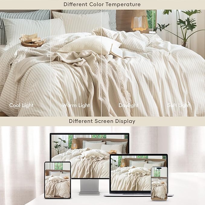 MooMee Striped Duvet Cover Set 100% Washed Cotton Linen Like Textured Breathable Durable Soft Comfy (Almond Milk Grey Classic Stripes, Super King Plus 120"x120")
