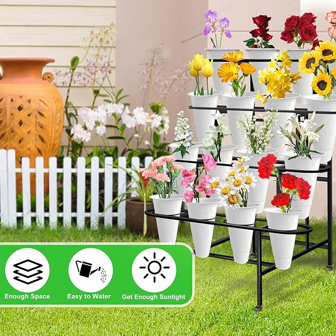 Flower Display Stand with 16PCS Buckets, 4 Layers Flower Cart Display Stand with Wheels Heavy Duty Metal Flower Bar Stand for Florist Shop, Patio Garden and Living Room - Black
