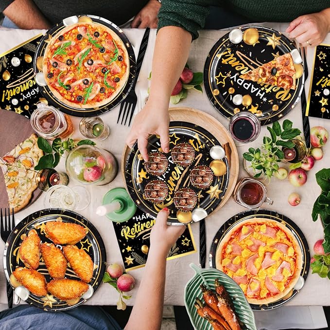 48Pcs Happy Retirement Party Decorations Include Plates Napkins Forks Black and Gold Party Decorations Serve 16 Guests