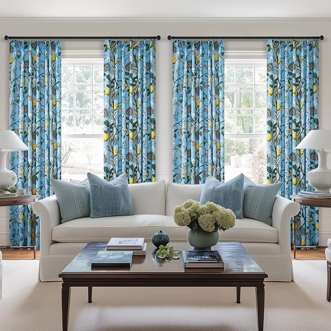 Vintage Floral Curtains 90 Inches Long for Living Room Bedroom Luxury Whimsical Lemon Hummingbird Patterned Waverly Mid Century Colorful Pinch Pleated Blackout Drapes 2 Panels，Light Blue