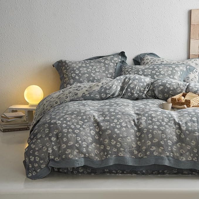 Leopard Print Duvet Cover Full Premium Yarn-Dyed Cotton Linen Jacquard Duvet Cover Grey Leopard Print Bedding Set Aesthetic Floral Leopard Comforter Cover with Zipper Closure Farmhouse Bedding Set