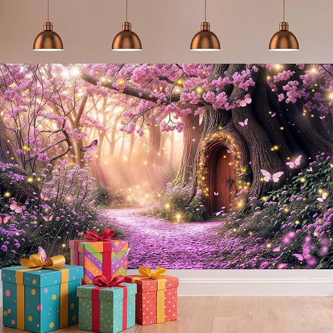 15X10ft Enchanted Forest Backdrop Fairy Tale Purple Garden Wonderland Tree House Floral Background for Kids Girl Baby Shower Birthday Party Decoration Banner Cake Table Photo Booth Props