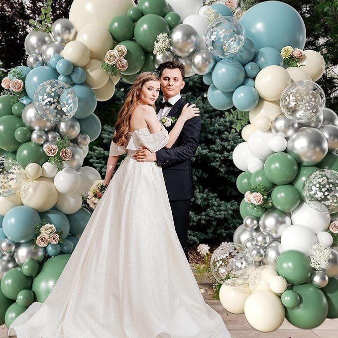 Retro Bean Green Balloon Arch Kit, 145Pcs Dusty Blue White Pastel Beige Sliver Confetti Balloons for Baby Bridal Shower Wedding Engagement Birthday Party Decorations