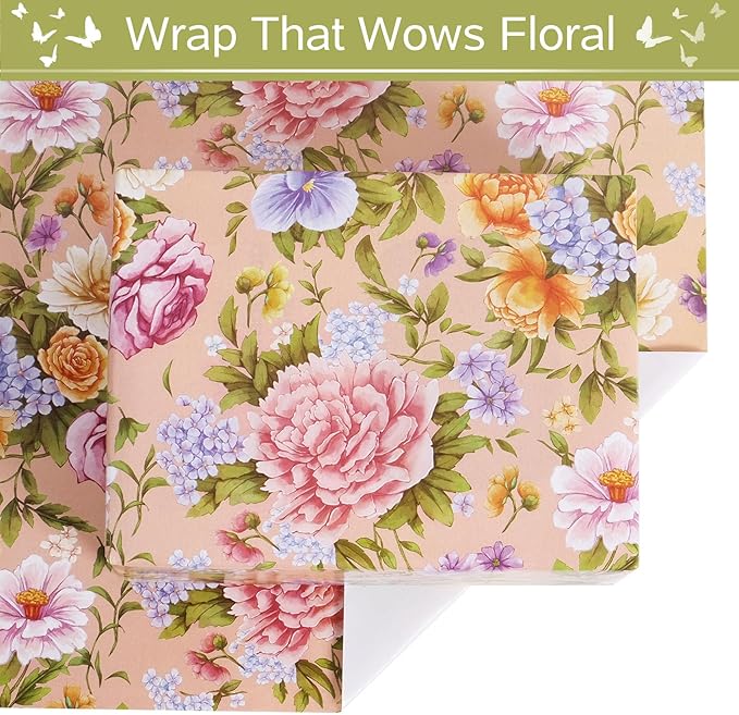 RayofSun Floral Wrapping Paper Roll Roll 17 in x 16.5 ft Mini Roll Pink Peonies Yellow Roses Blooms Gift Wrap Paper for All Occasion Wedding Birthday Bridal Shower Party Wrapping Supplies