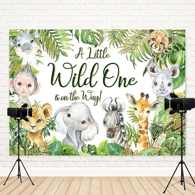 10x8ft Baby Shower Backdrop A Little Wild One is On The Way Photography Background Jungle Animals Tropical Green Leaf Newborn Birthday Party Banner Decorations Gender Reveal Photo Booth Prop
