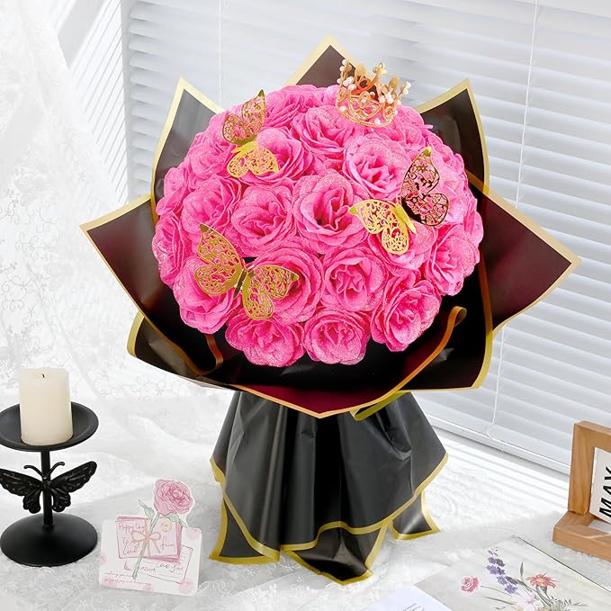 Waipfaru Glitter Roses Bouquet, DIY Fake Flowers Bouquet, Hot Pink Artificial Flower, Valentines, Anniversary, Engagement, Wedding, 36 Pcs