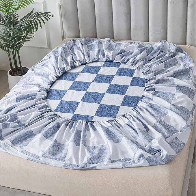 FADFAY Paisley Queen Size Plaid Navy Blue Sheets 100% Cotton Geometric Checker Bedding Teens Grid Grey Gingham Pattern College Bedding Deep Pocket Sheets with 2 Pillowcases Ultra Soft 4pcs, Queen
