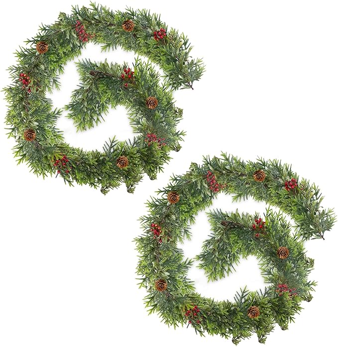 2Pack 6FT Christmas Garland – Artificial Norfolk Pine Olive Garland with Red Berries, Pinecones & 20 Warm LED Timer Lights – Holiday Garland for Home, Wedding, Party Decorations