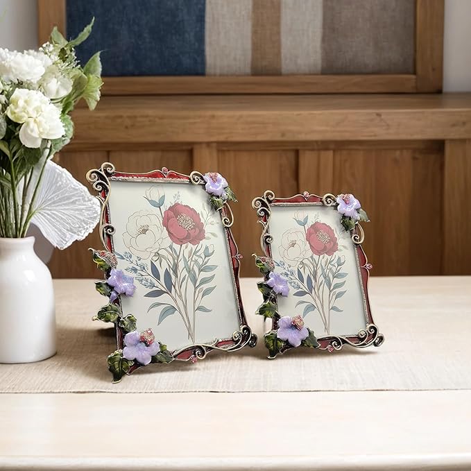Vintage Floral Picture Frames Luxury Unique Ornate Antique Metal 5X7 Photo Frame of HD Glass for Tabletop/Wall Display Gifts for Women (Retro Purple Flowers with Red Edges)