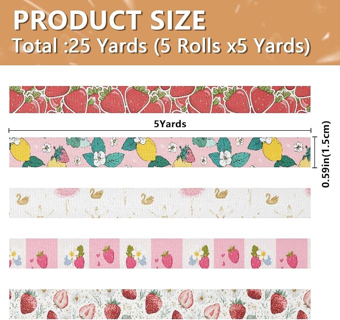 Red Strawberry Fabric Ribbon for Gift Wrapping Crafts Flower Bouquet Wedding Party Decorative Assorted Patterns 5 Yards×5 Rolls
