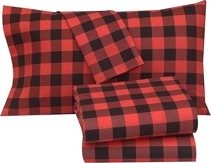 RUVANTI Flannel Sheets California King Size - 100% Cotton Brushed Cal King Bed Sheets Set - Deep Pockets 14 Inches - All Seasons Breathable & Extra Soft - Warm & Cozy, 4 Piece, Red & Black Plaid
