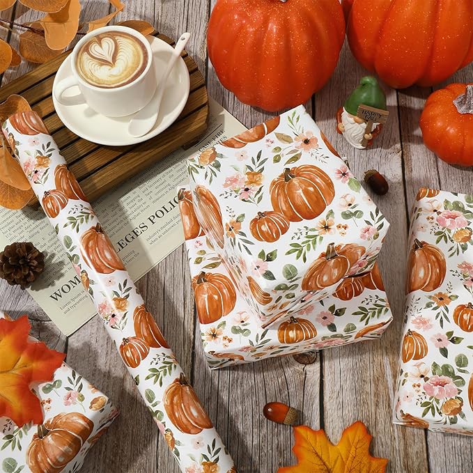 JarThenaAMCS Fall Wrapping Paper Roll 17 In x 32.8Ft Floral Pumpkin Gift Wrap Paper Watercolor Autumn Flower Decorative Art Paper for Thanksgiving Harvest