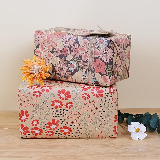 Aimyoo Kraft Floral Wrapping Paper Roll, All Occasion Vintage Flower Gift Wrap for Wedding Birthday Bridal Shower, 17 inch x 10 ft