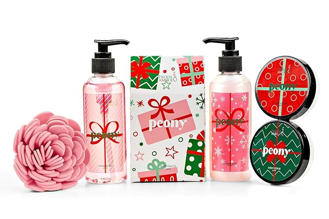 Freida & Joe Peony Spa Gift Set – 7-Piece Bath & Body Gift Basket for Women & Men | Shower Gel, Body Lotion, Body Scrub, Bath Salt | Relaxing Self Care Gift