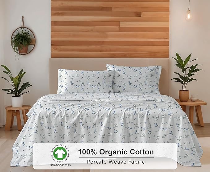 RUVANTI 100% Organic Cotton Sheets King Size, Percale Weave, GOTS Certified, 4-Piece Set, Deep Pocket 15", Crisp & Breathable, Soft Durable Bedding, Sábanas Algodón Orgánico – Butter Flight