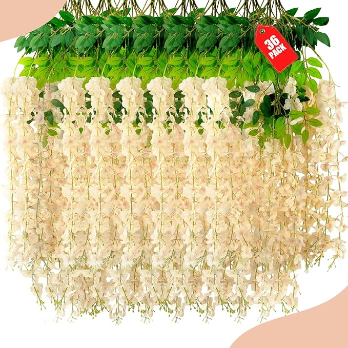 36 Pack Champagne Pink Wisteria Hanging Flowers, 3.44 Ft Fake Hanging Flowers, Artificial Wisteria Garland Vines for Wedding Room Backdrop Outdoor Patio Garden Decoration
