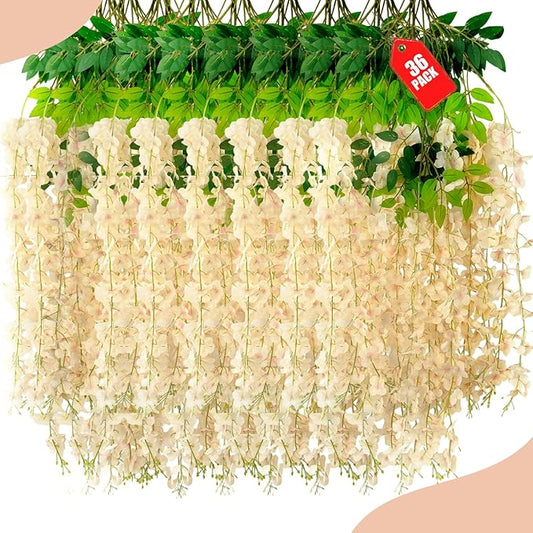 36 Pack Champagne Pink Wisteria Hanging Flowers, 3.44 Ft Fake Hanging Flowers, Artificial Wisteria Garland Vines for Wedding Room Backdrop Outdoor Patio Garden Decoration