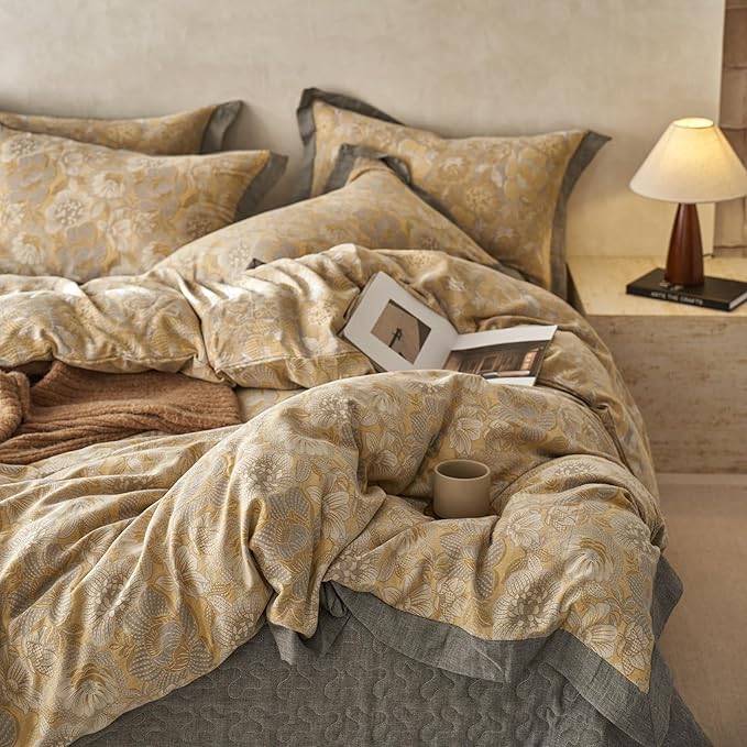 EAVD Vintage Style Yellow Floral Duvet Cover Full Soft 100% Muslin Cotton Yarn-Dyed Jacquard Textured Bedding Set with 2 Pillowcases Linen Like Gauze Botanical Duvet Cover with Zipper Closure