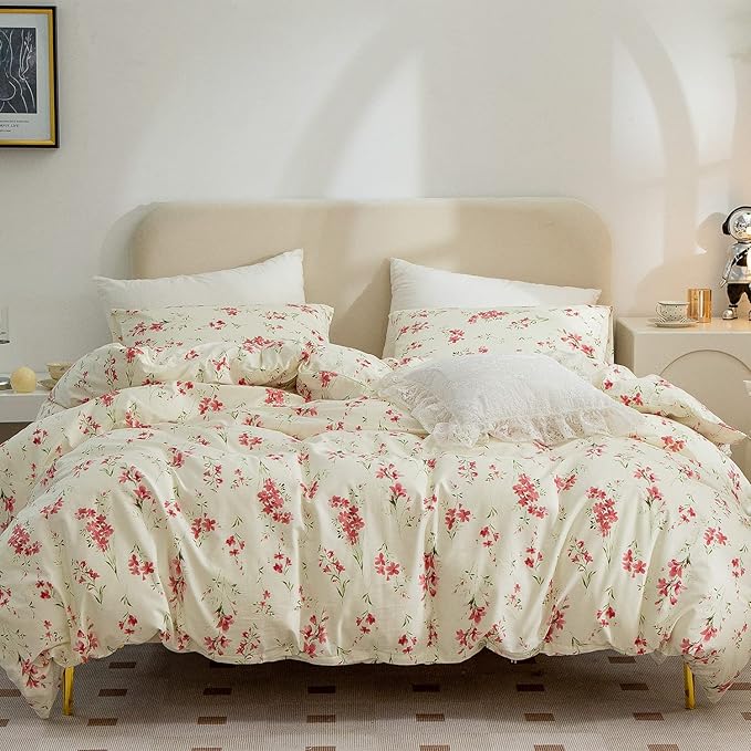 Floral Comforter Set Full Soft Bedding Set 3 Pieces Garden Style Red Flower Print Botanical Flowers Comforter for All Seasons 1 Comforter and 2 Pillowcases (Floral, Full)