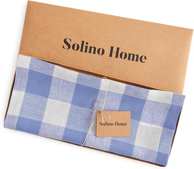 Solino Home Linen Checkered Table Runner 120 Inches Long - 100% Pure Linen Hydrangea Blue Buffalo Check Table Runner 14 x 120 Inch Ideal for Dining, Winter, Spring, Easter