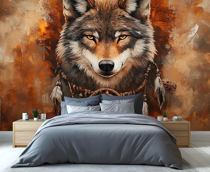 Wolf Dreamcatcher Wall Mural, Tribal Wolf 3D Wall Murals, Feathers Dreamcatcher Animal Totem Wallpaper Mural, for Living Room Bedroom Large Wallpaper Indoor Decor 197" W x124.8 H