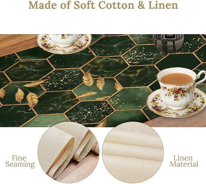 Hunter Green Marble Table Runner Abstract Dark Emerald Green Marble Hexagon Texture Golden Leaves Dinner Runner Table Decoration for Home Kitchen Dining Holiday Party 13x90in