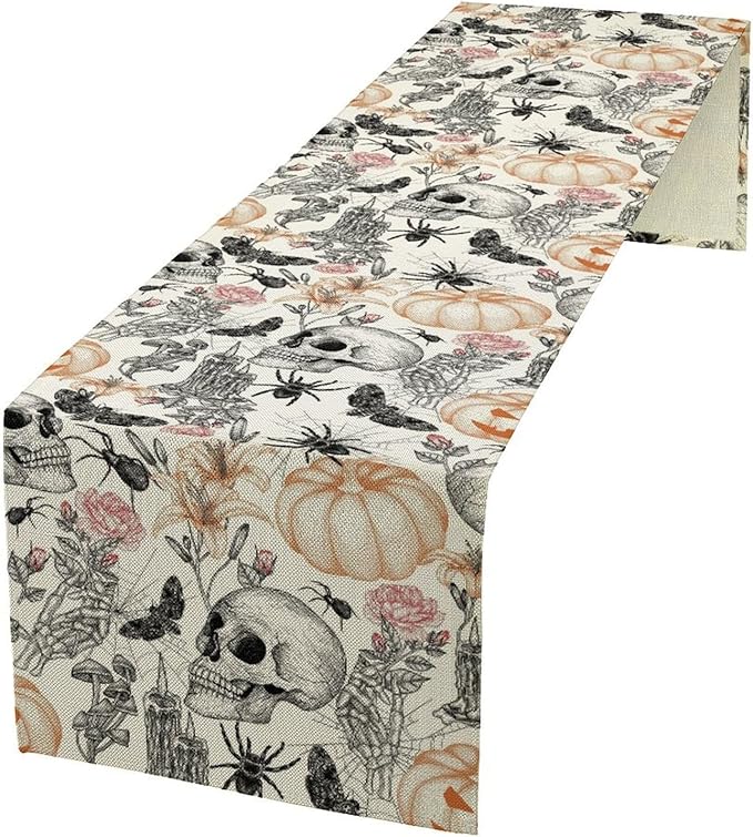 Gothic Table Runner,Black White Skull Moth Pumpkin Halloween Table Runner for Home Kitchen Table Dining Garden Farmhouse Wedding Party Decor 13x36 Inch