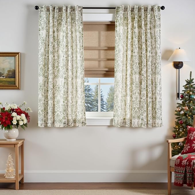 jinchan Linen Floral Curtains for Living Room with Printed Flower 63 Inches Long Light Filtering Farmhouse Window Treatment Vintage Short Drapes Back Tab Rod Pocket 2 Panels Green on Beige