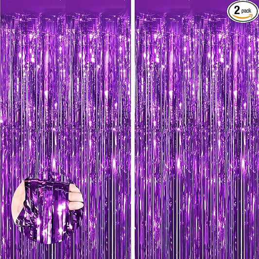 Keyali 2 Pack 3.3 * 8.3 ft Foil Curtain Metallic Tinsel Fringe Curtains Photo Booth Props Backdrop for Birthday Wedding Engagement Baby Shower Christmas Holiday Celebration Partyl,Purple