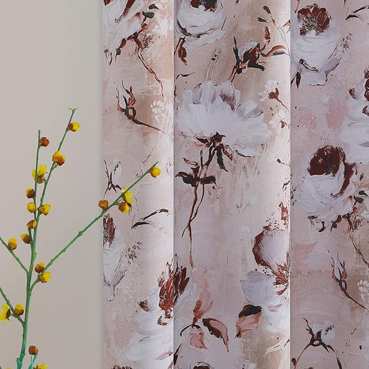 MYSKY HOME Floral Curtains - 63 inch Length, 2 Panels for Bedroom, Darkening Thermal Insulated, Flower Printed with Grommet in Burgundy and White