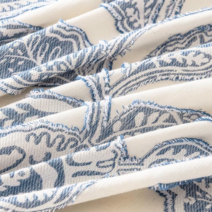 meadow park Floral Cotton Duvet Cover Queen Size Bedding Set Soft Textured Comfy Breathable Jacquard Comforter Duvet Cover with 2 Pillow Shams, Button Closure&Corner Ties, Blue Color
