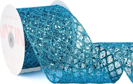 VATIN 4" Turquoise Christmas Ribbon, Blue Glitter Mesh Diamond Web Sequin Dots Wired Christmas Ribbon for Gift Wrapping Bow Making Wreath Supply-10 Yards