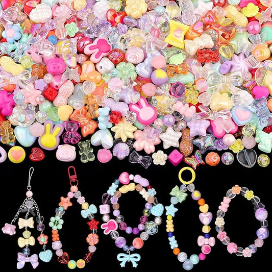 Assorted 200-260PCS Mixed Colors Acrylic Beads for Bracelet Making, Flower Bow GummyBear Bracelet Charms,Cute Beads for Jewelry Making DIY Necklace Keychain Phone Charm Christmas Gift