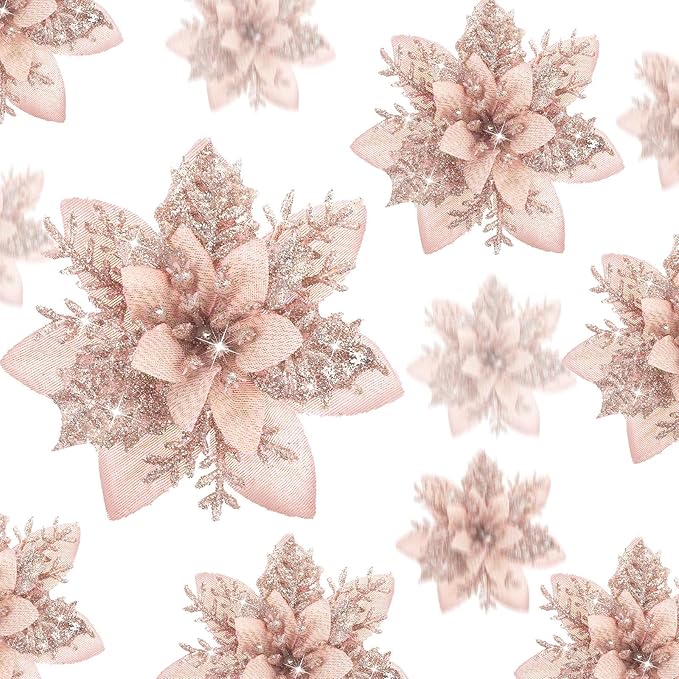 Geosar 36 Pcs Christmas Glitter Artificial Poinsettia Flowers Xmas Poinsettia Artificial Wedding Flowers Decorations Xmas Tree Ornaments with Clips for Party, 6 Inch, 4 Inch, 3 Inch(Rose Gold)