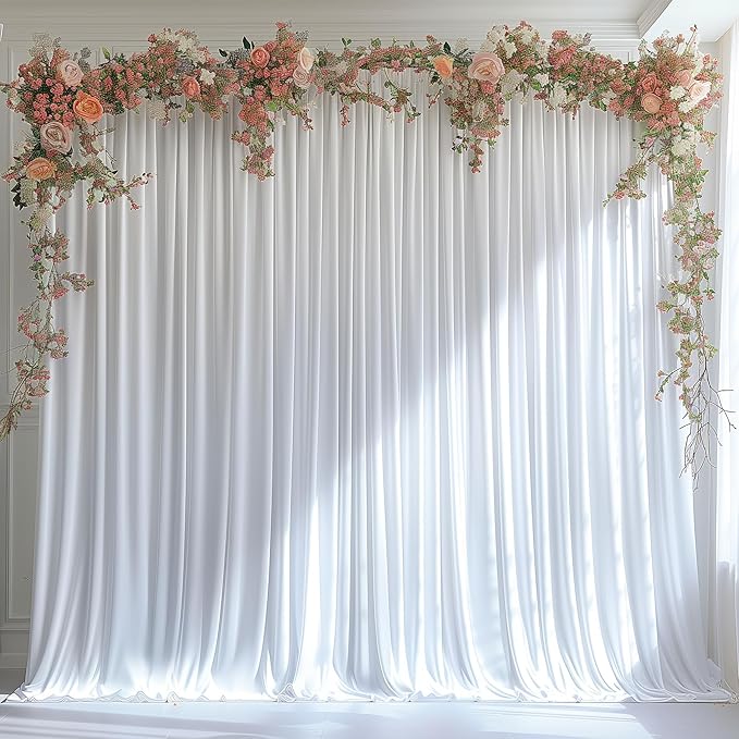 Wrinkle Free White Backdrop Curtain for Parties 30x7ft Soft Fabric Drapes Wedding White Curtain Backdrop for Birthday Party Decorations Background for Photography 5x7ft, 6 Panels