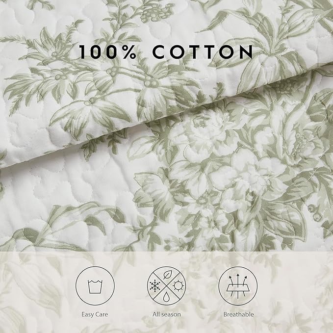 Laura Ashley - King Quilt Set, Soft & Reversible Cotton Floral Bedding with a Medium Weight Feel, 3 Piece Bed Set with Matching Pillowcases (Bedford Green/Off-White)