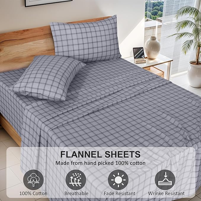 RUVANTI Flannel Sheets Queen Size - 100% Cotton Double Brushed Bed Sheets, Deep Pockets 16 Inches Queen Sheet Set, All Seasons Breathable & Extra Soft - Warm & Cozy, 4 Piece, Open Grid Check