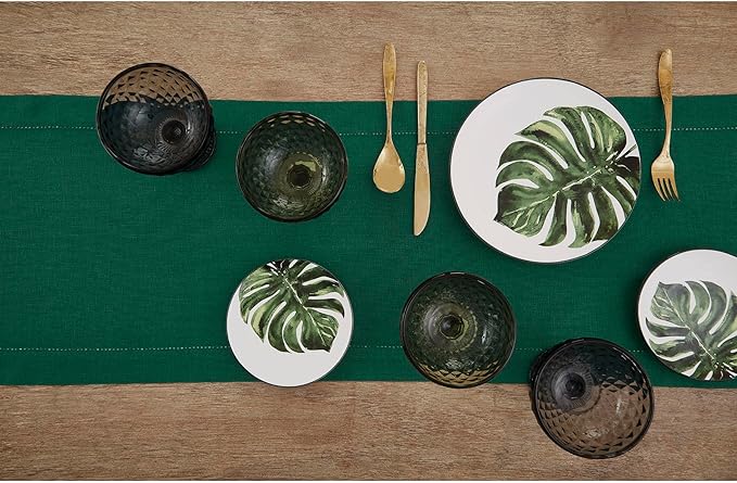 Solino Home Linen Rainforest Green Table Runner 132 Inches Long - 100% Pure Linen Extra Long Table Runner 14 x 132 Inch for Winter, St Patricks Day - Classic Hemstitch