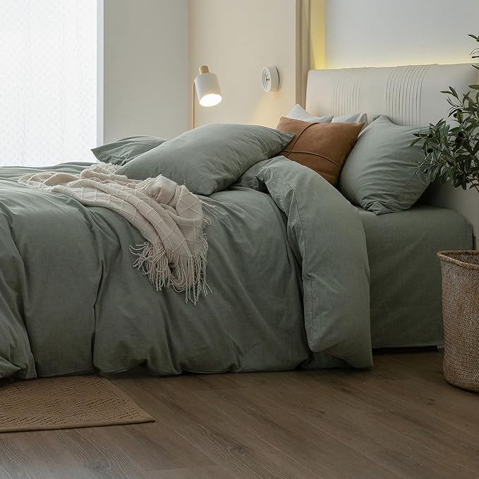 JIYUAN 100% Washed Cotton Duvet Cover Set 3 Pieces Super King, 1 Duvet Cover 108x98 Inches(Comforter Not Included) and 2 Pillowcases,Linen Feel Bedding Set Comfy and Breathable, Heathered Green