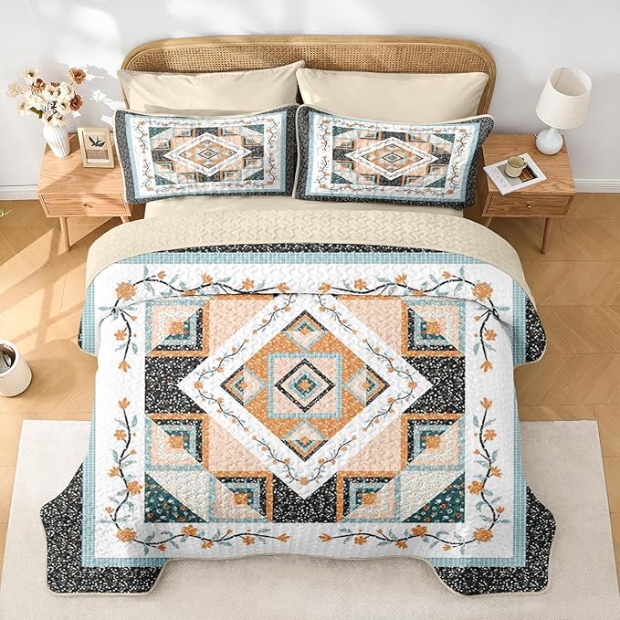 Quilt Set Twin Size, Farmhouse Floral 2 Pcs Soft Bed Cover Bedding Set, Boho Rustic Geometric Lightweight Bedspread Coverlet with Pillow Sham for All Season