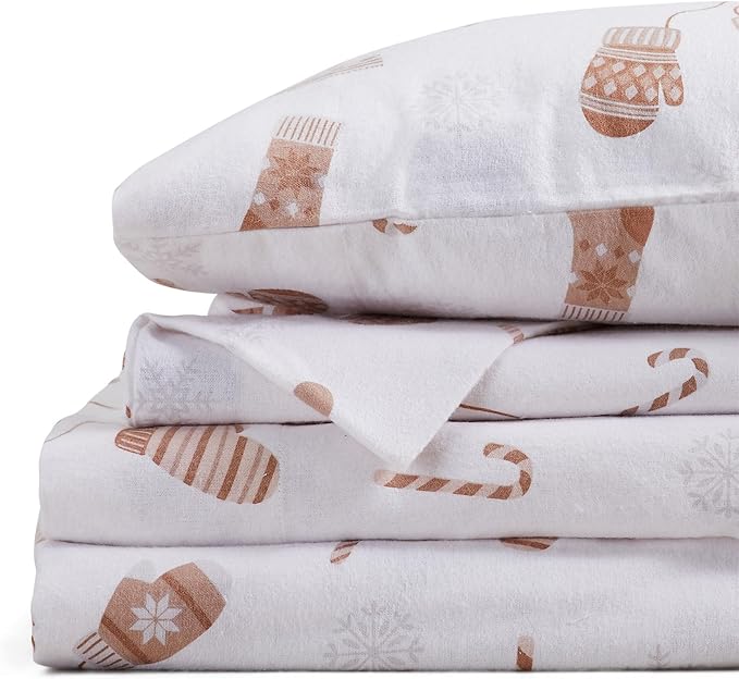 Market & Place 100% Cotton Twin Flannel Sheet Set | 3 Piece Deep Pocket Novelty Cozy Winter Bed Sheets | Double Brushed for Extra Softness & Comfort | Alpine Collection (Twin, Winter Mittens)