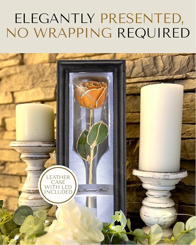 Forever Rose Hand-Dipped in 24K Gold, Golden Topaz-Inspired November Birthstone with Sparkles, Real Rose in Leather Case with LED Light, Perfect Ready to Gift for November Birthday or Any Occasion