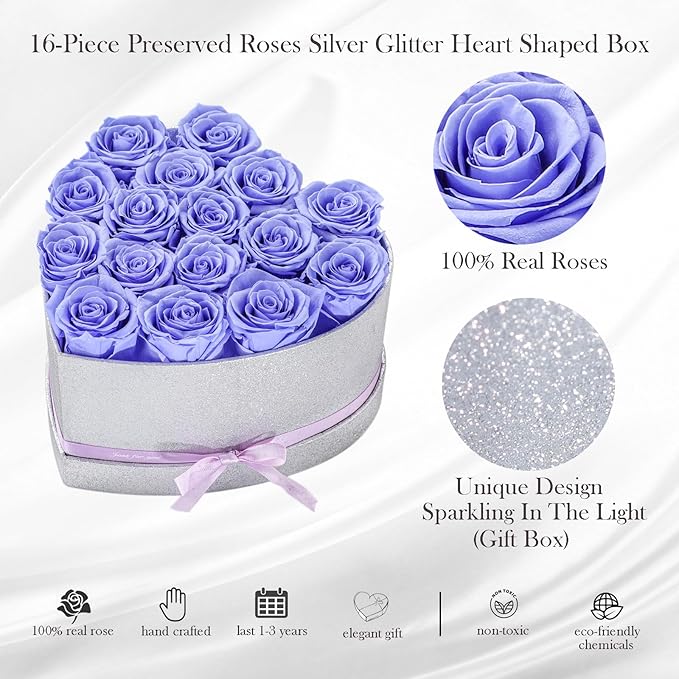16 Preserved Flowers,Roses in Box，Real Forever Flowers for Delivery Prime, Birthday Gifts for Women Her Mom Wife Girlfriend Grandma on Anniversary Valentines Day Mother's Day Christmas (Purple)