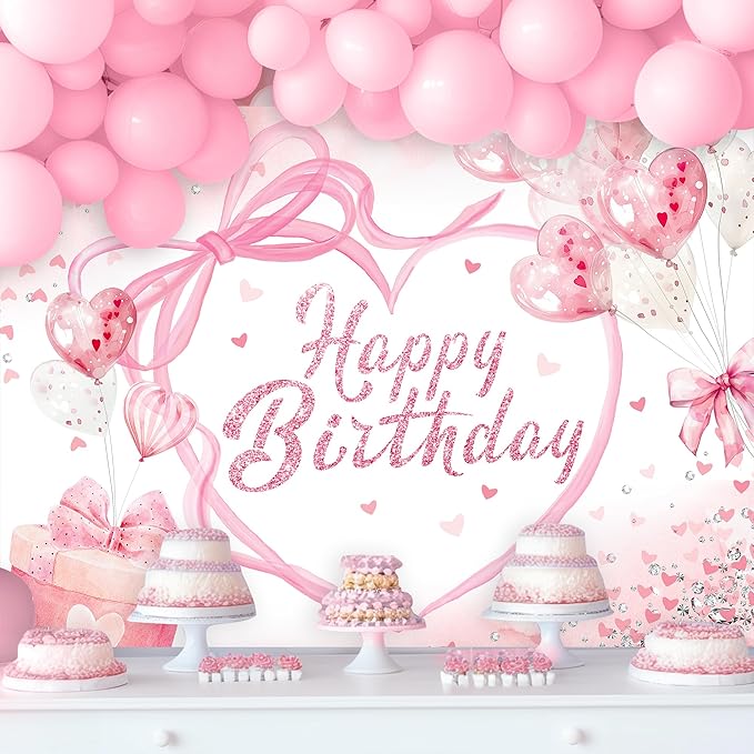 Pink Bow Birthday Party Decorations Backdrop 7Wx5H Photography Coquette Birthday Decorations for Girl Happy Birthday Backdrop for Women Bachelorette Party Banner Photo Booth Props Supplies