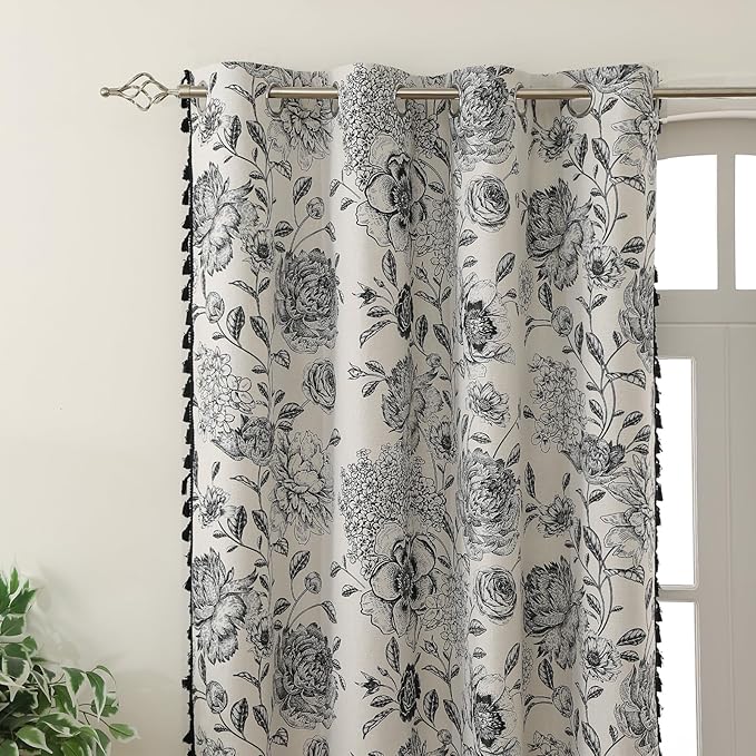100% Blackout Black Floral Farmhouse Curtains Living Room Thermal Insulated Drapes Elegant Peony Pattern & Tassel Curtains 2 Panels Blocking Curtains for Windows Floral Drapes (52W*96L)