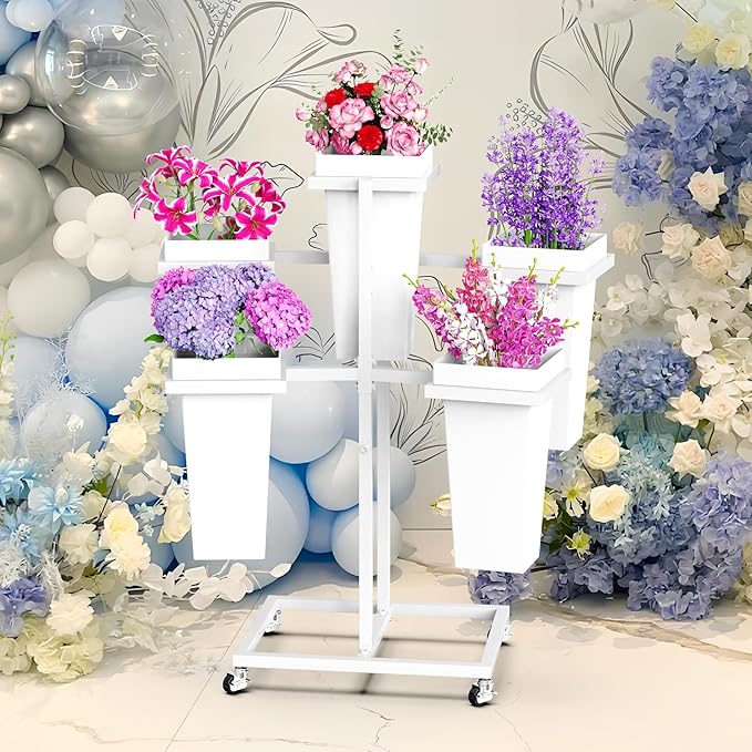 Asee'm Flower Display Stand with 5 Square Buckets Multi-tiered Metal White Flower Cart Stand with Wheels Moving Plant Stand Bar Shelf Flower Holder for Indoor Outdoor Patio Garden Florist Wedding