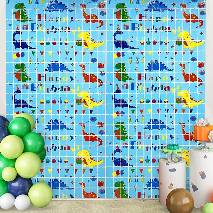 Dinosaur Birthday Party Decorations 2 Pack Dinosaur Foil Fringe Curtains 3.28 x 6.56Ft Tinsel Curtain Backdrop Blue Photo Booth Backdrop Dino Theme Birthday Party Supplies for Kids Boys Girls