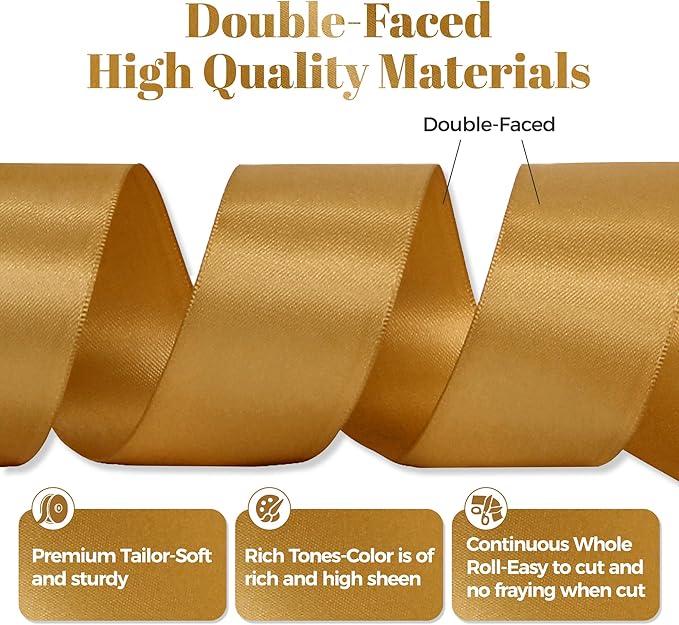 Old Gold Satin Ribbon, Double Faced 1-1/2 Inch X 25 Yards Old Gold Ribbon, Premium Satin Ribbons for Gift Wrapping, Crafts, Hair Bow Making, Sewing, Flower Bouquet, Wedding Party Decor