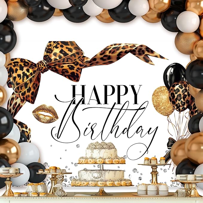 Leopard Print Bow Happy Birthday Backdrop 7Wx5H Photography Coquette Brown White Gold Bowknot Balloons Diamond Bownot Background Girly Party Decorations Banner Photo Booth Props Supplies
